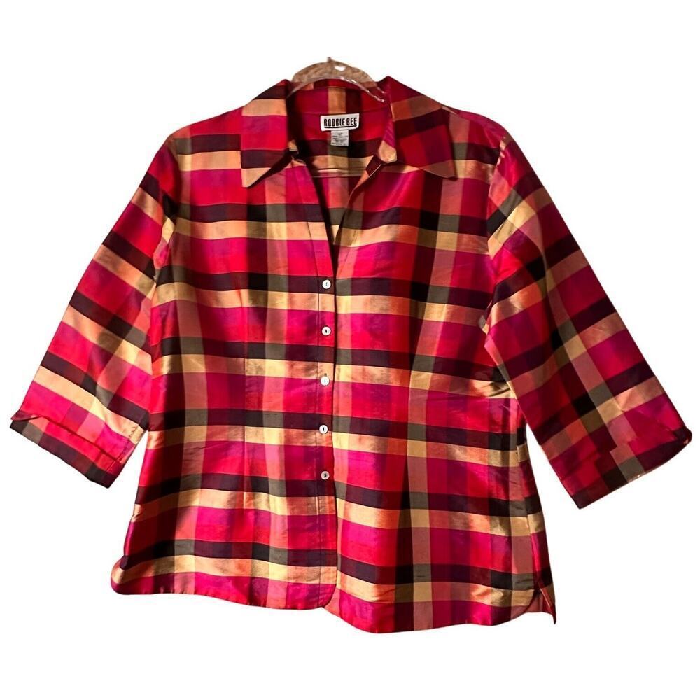Vtg. 90s Robbie Bee 100% Silk Plaid Blouse Holidays‎ Black Womens Sz. 12
